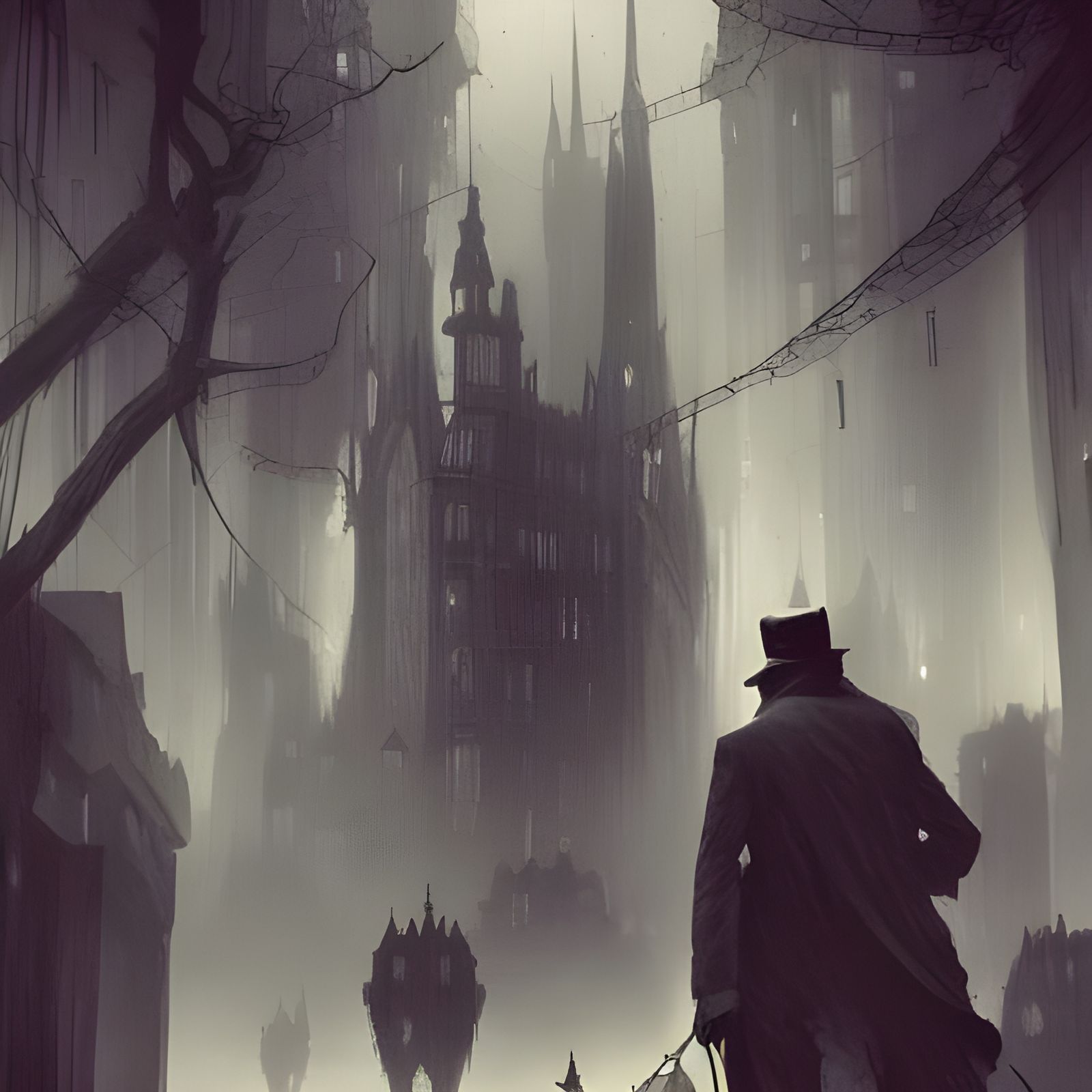 Neo-Noir Cityscape with Shadowy Figure
