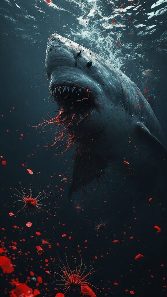 Great White Shark in Beksiński-esque Biomechanical Horror
