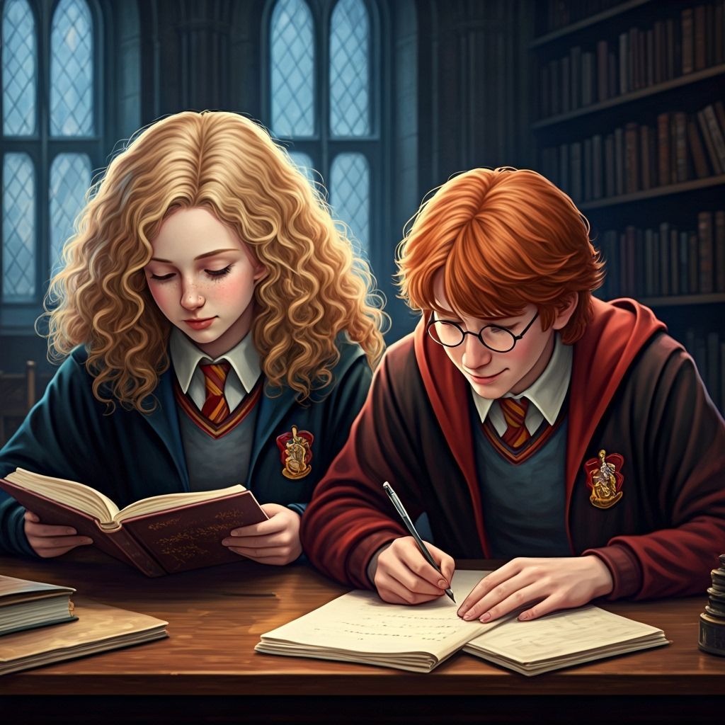 Penelope and Percy Study at Hogwarts, Detailed Matte Paintin...