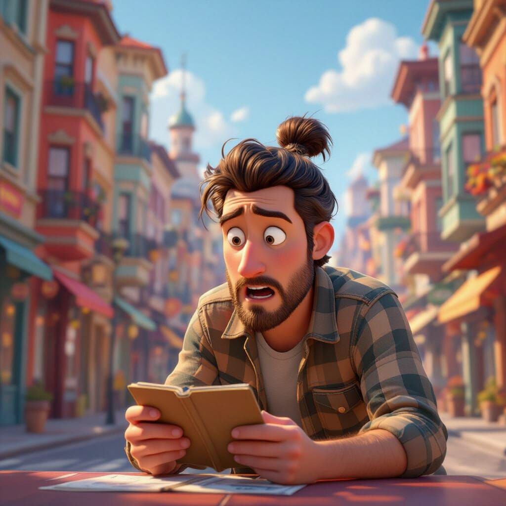 Worried Man Searches Vibrant City in Disney Pixar Style