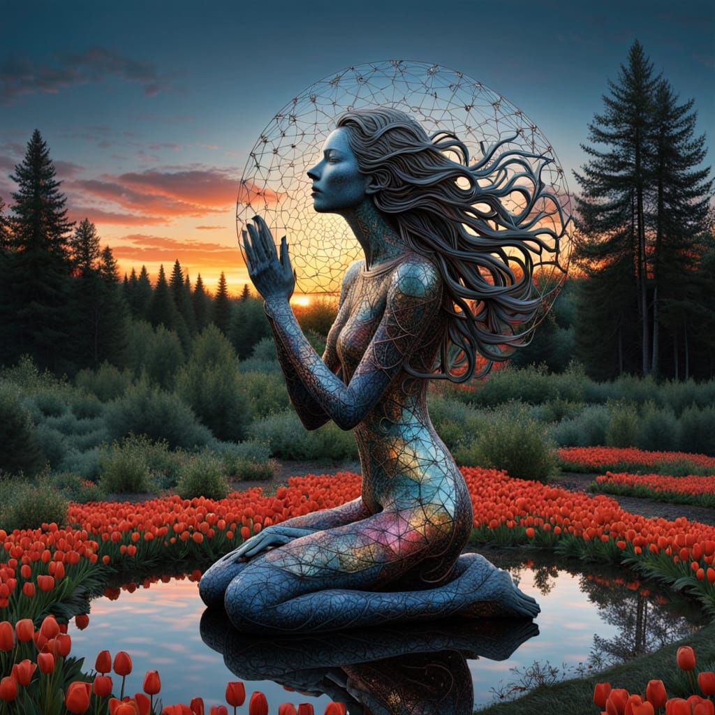Surreal Fragmented Sculpture of Woman at Sunset