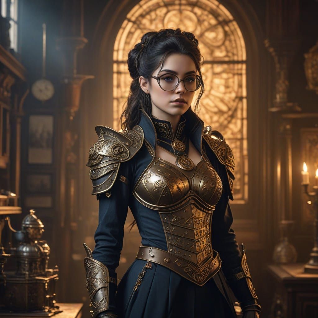 Medieval Steampunk Sorceress in Ornate Brass Armor