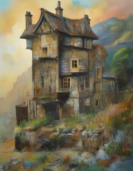 Whimsical House in Filigree Oil Sfumato Style