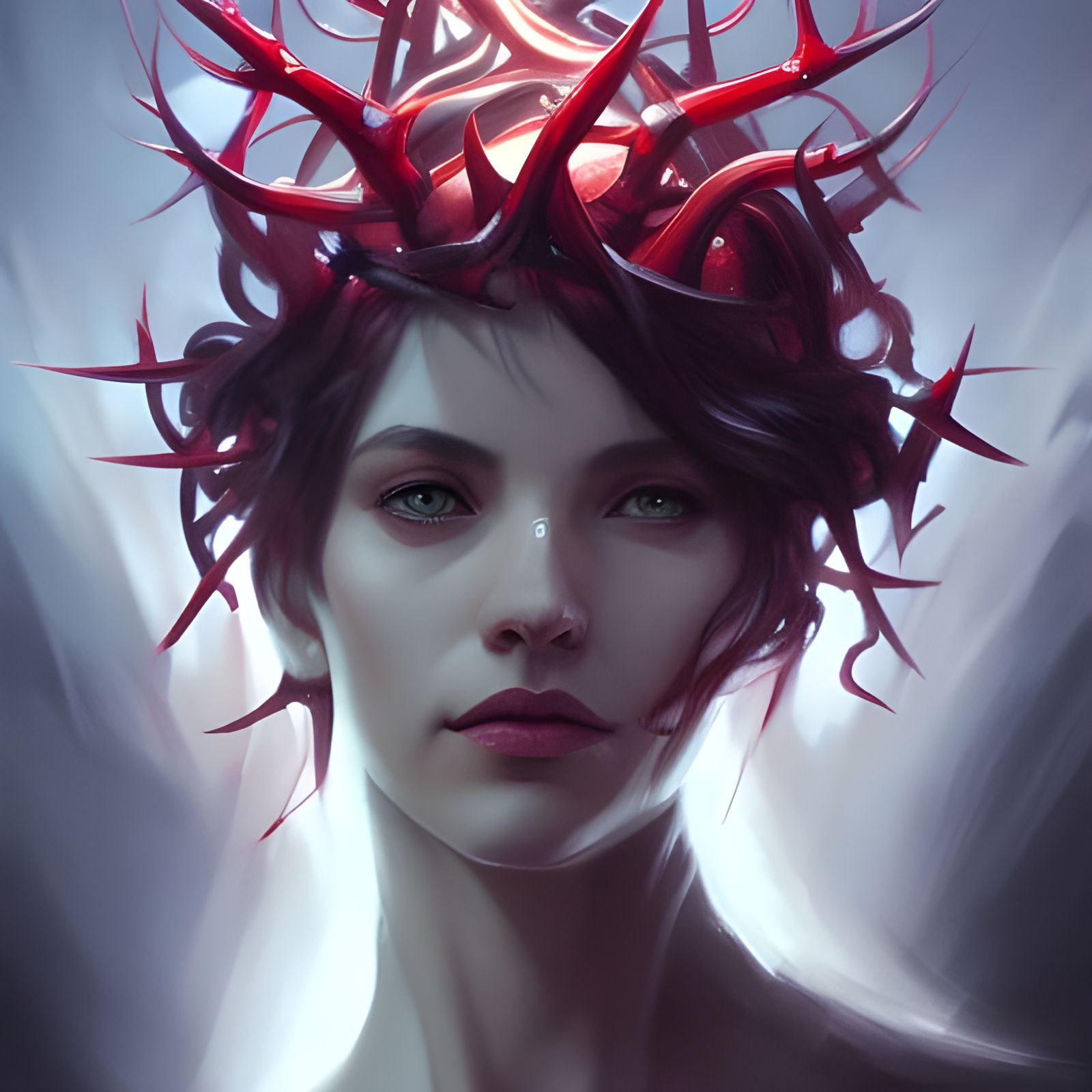 Crimson Thorns Crown Portrait in Art Nouveau Style