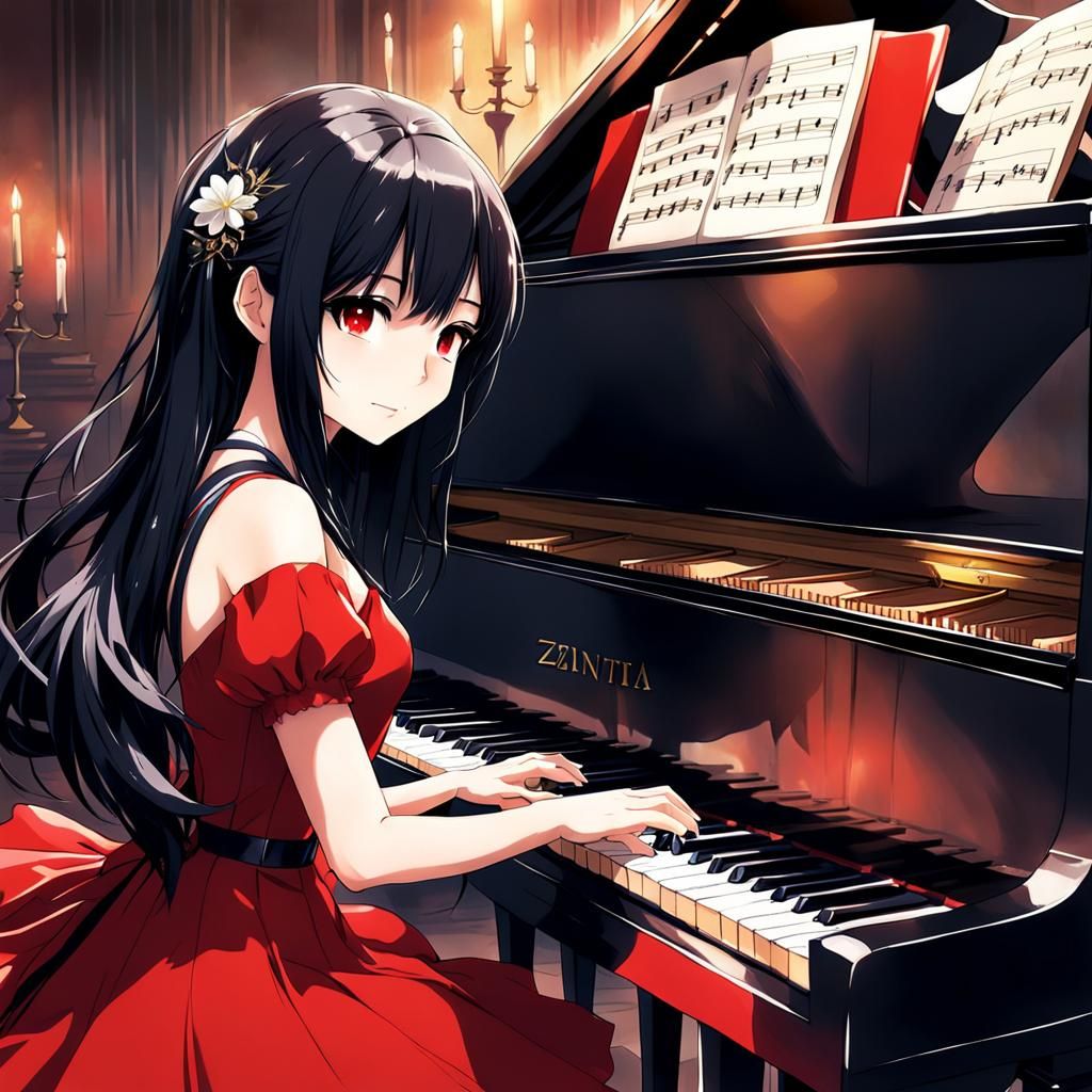 Anime Girl Plays Piano in Manga Style
