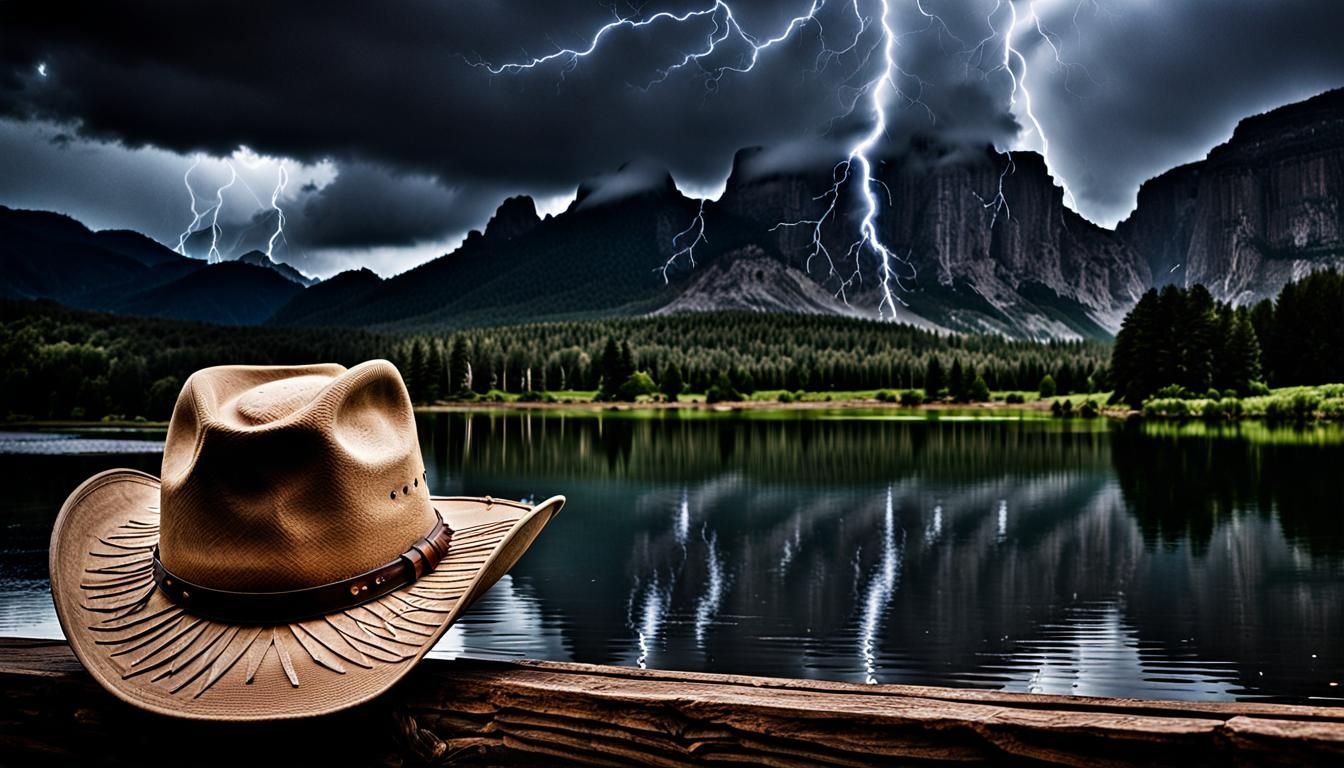 Cowboy Hat in Rain: Hyperrealistic Lakeside Scene