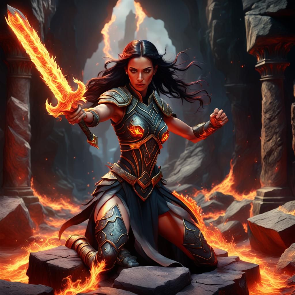 Flaming Girl with Gladius Sword in Fire Cavern