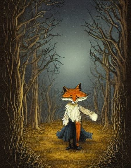 Victorian Fox in Moonlit Forest, Alcohol Ink Style