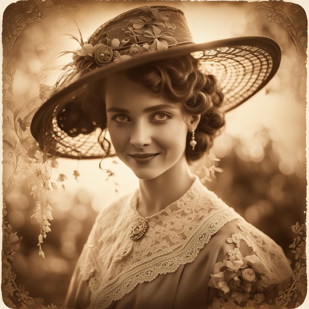 Vintage Portrait of Lady with Hat in Sepia Tones