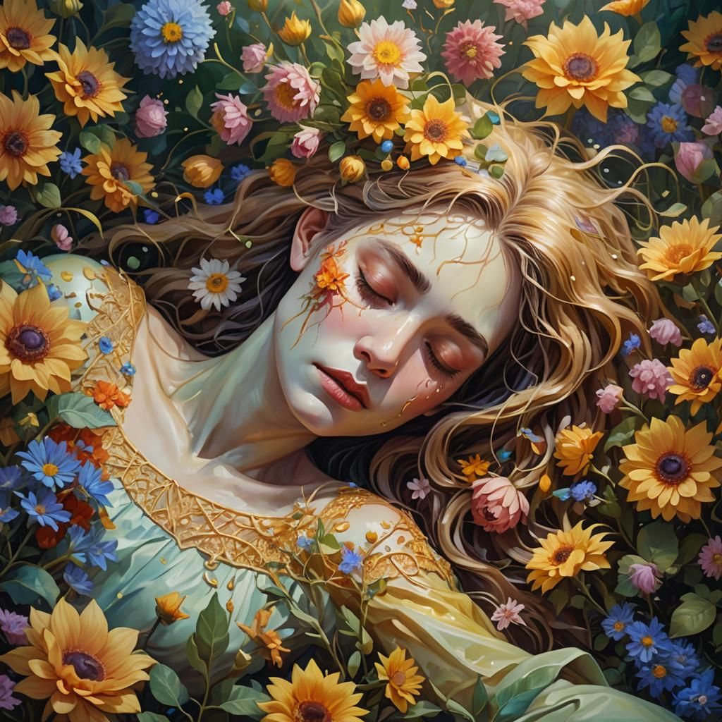 Surreal Woman-Monster Sleeping Among Flowers in Oil
