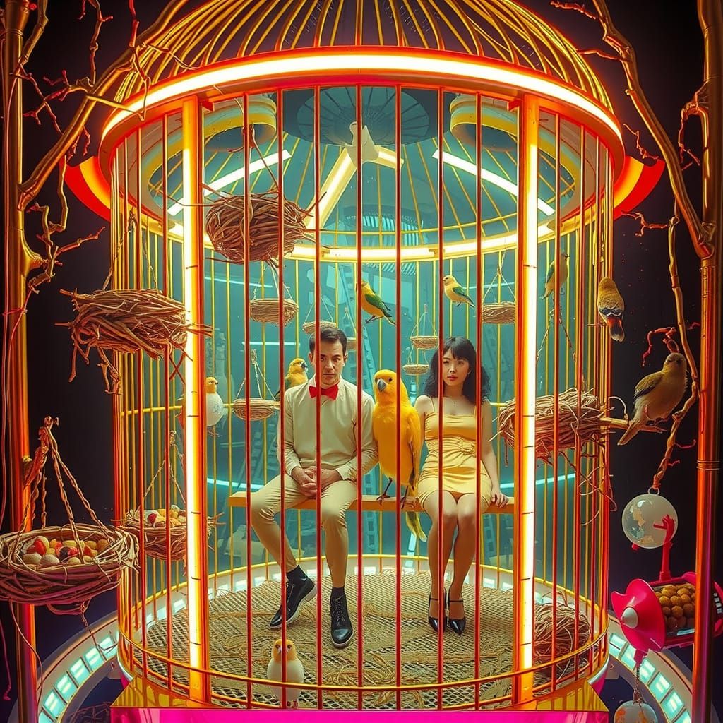 Luxurious Golden Birdhouse in Synthwave Neon Style