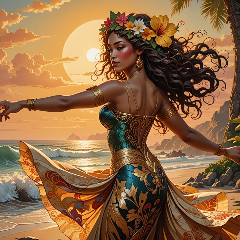 Art Nouveau Hula Dancer on Tropical Beach