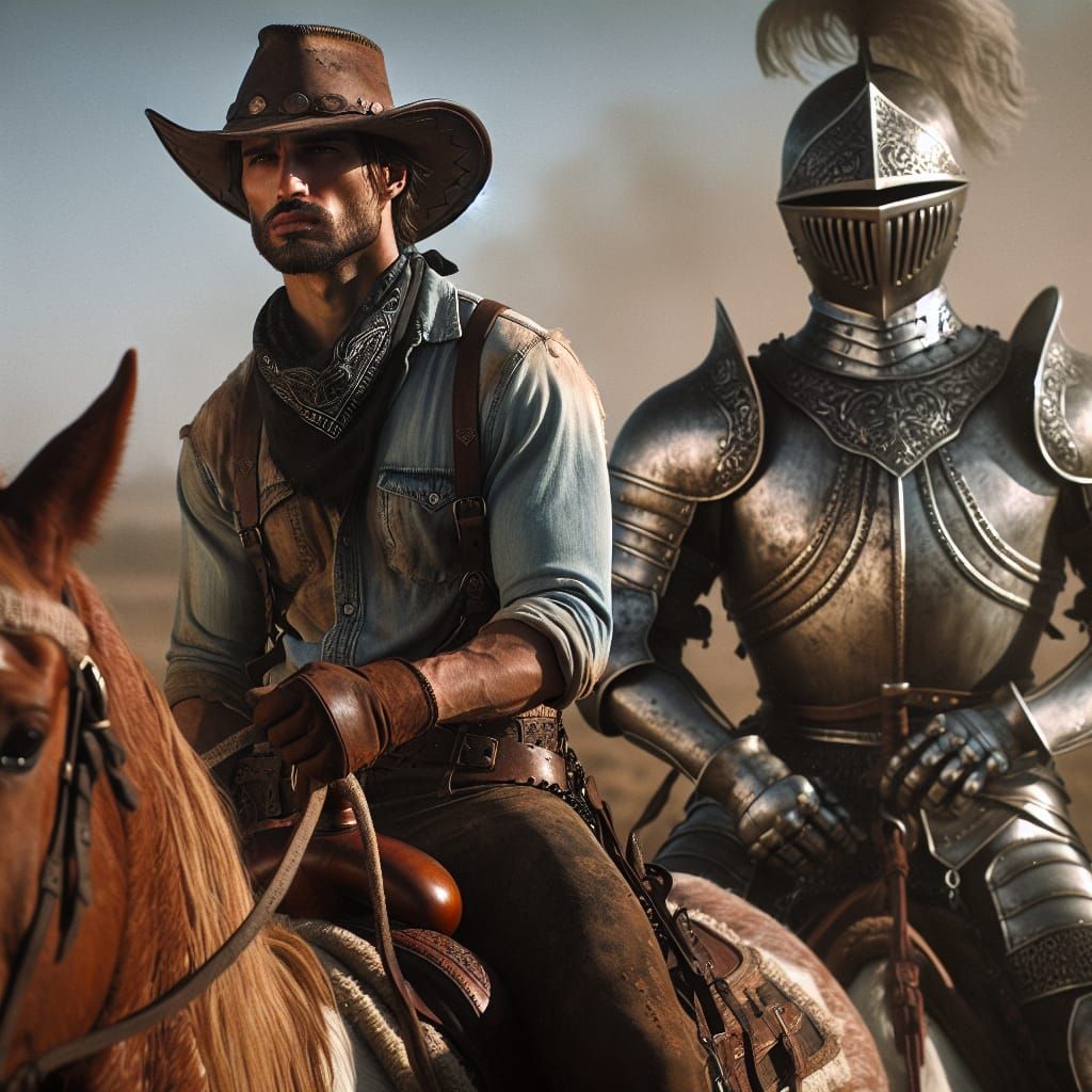 Cowboy and Knight Duel in Open Terrain