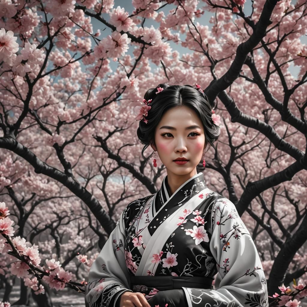 Oriental Woman in Pink Cherry Blossom Orchard
