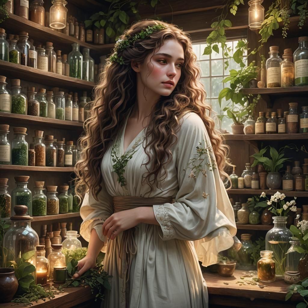 Ethereal Herbal Shopkeeper in a Fantasy Realm