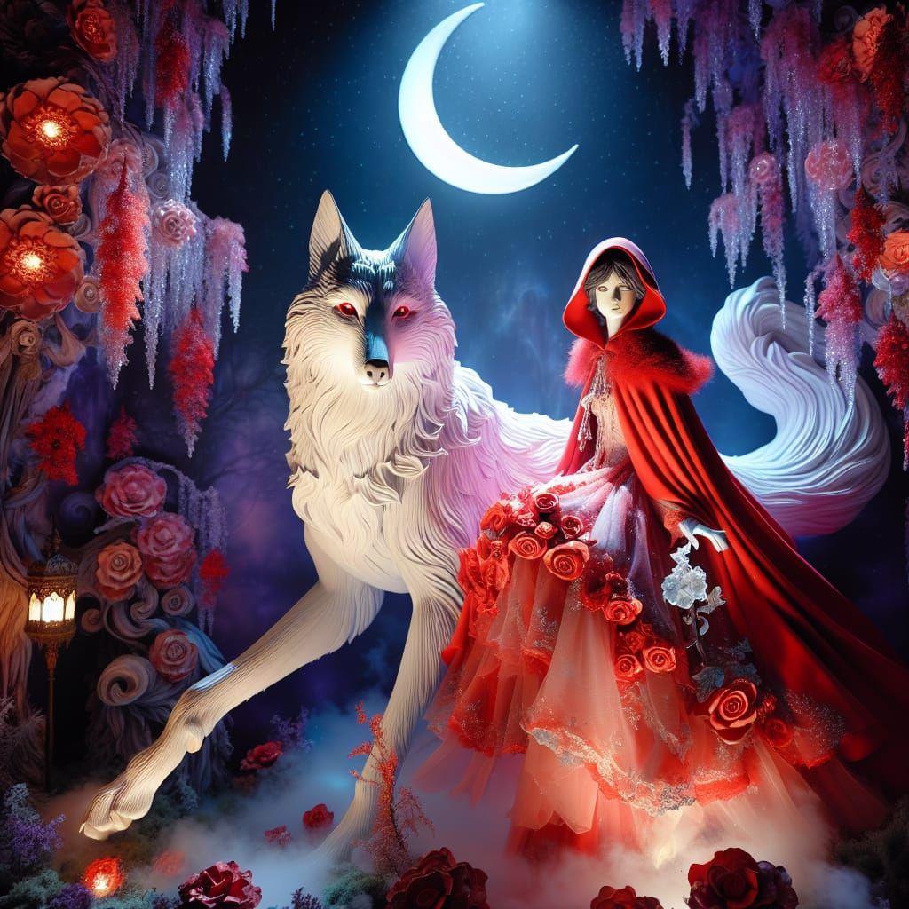 Red Riding Hood and White Wolf in Moonlight