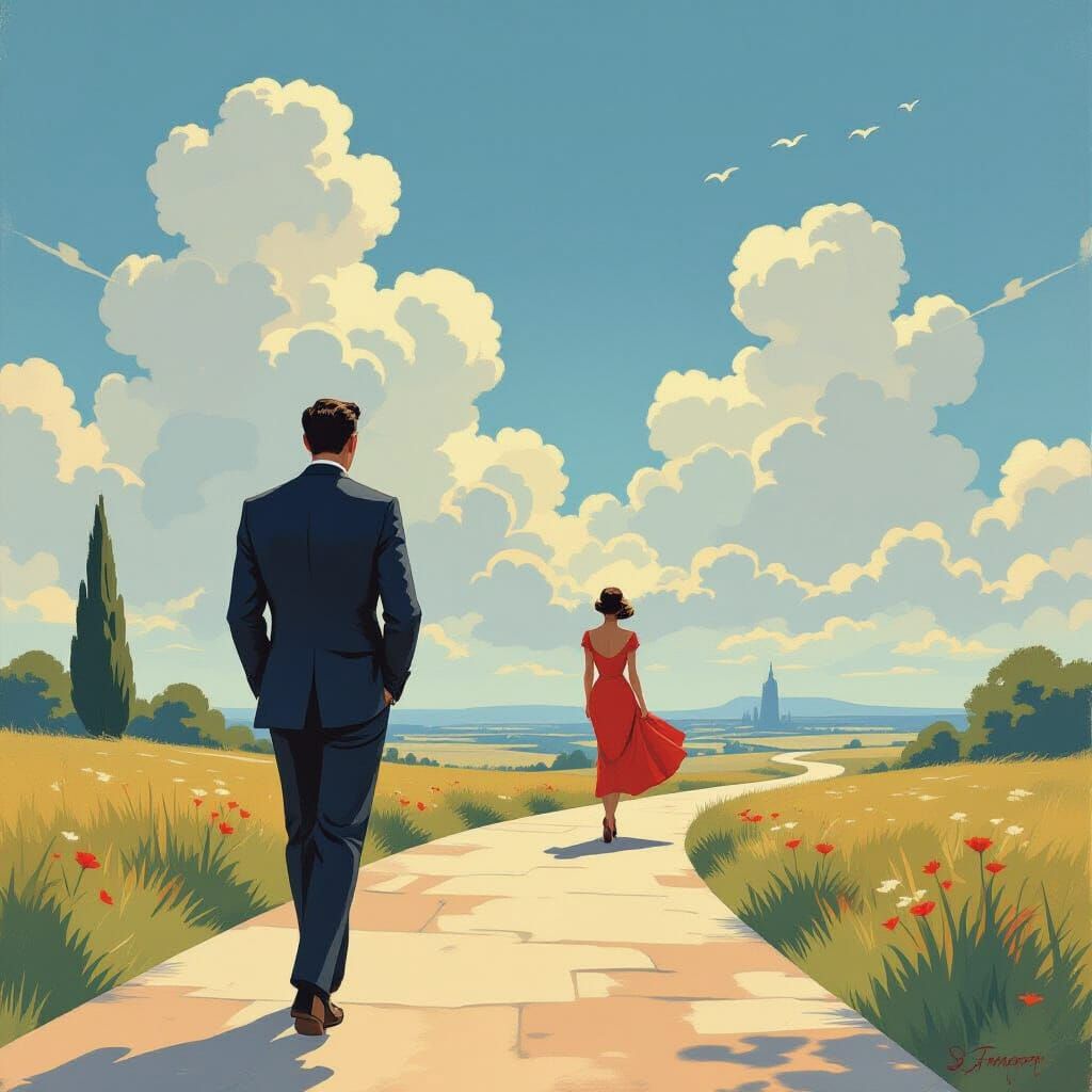 Elegant 1950s Gentleman on Pathway in Gouache Style
