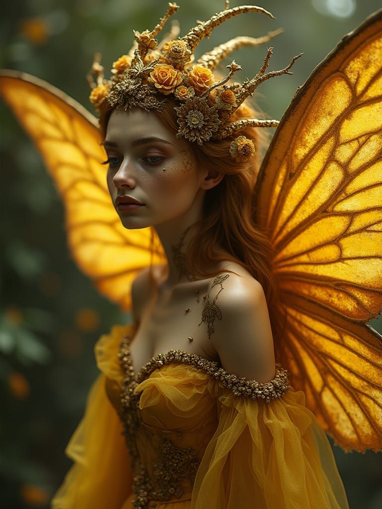 Ethereal Fairy with Golden Cracks in Dark Fantasy Style