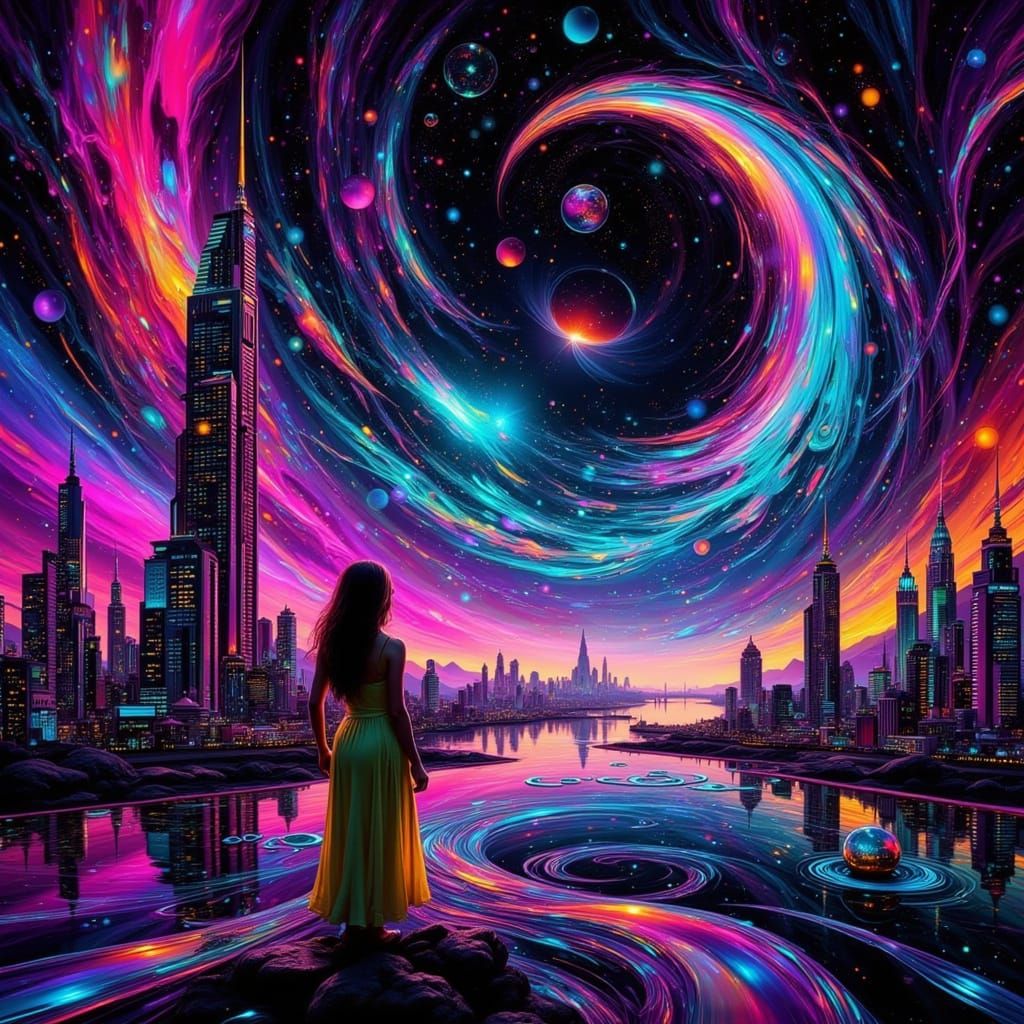 Cyberpunk Dreamscape in Neon-Rainbow Hues