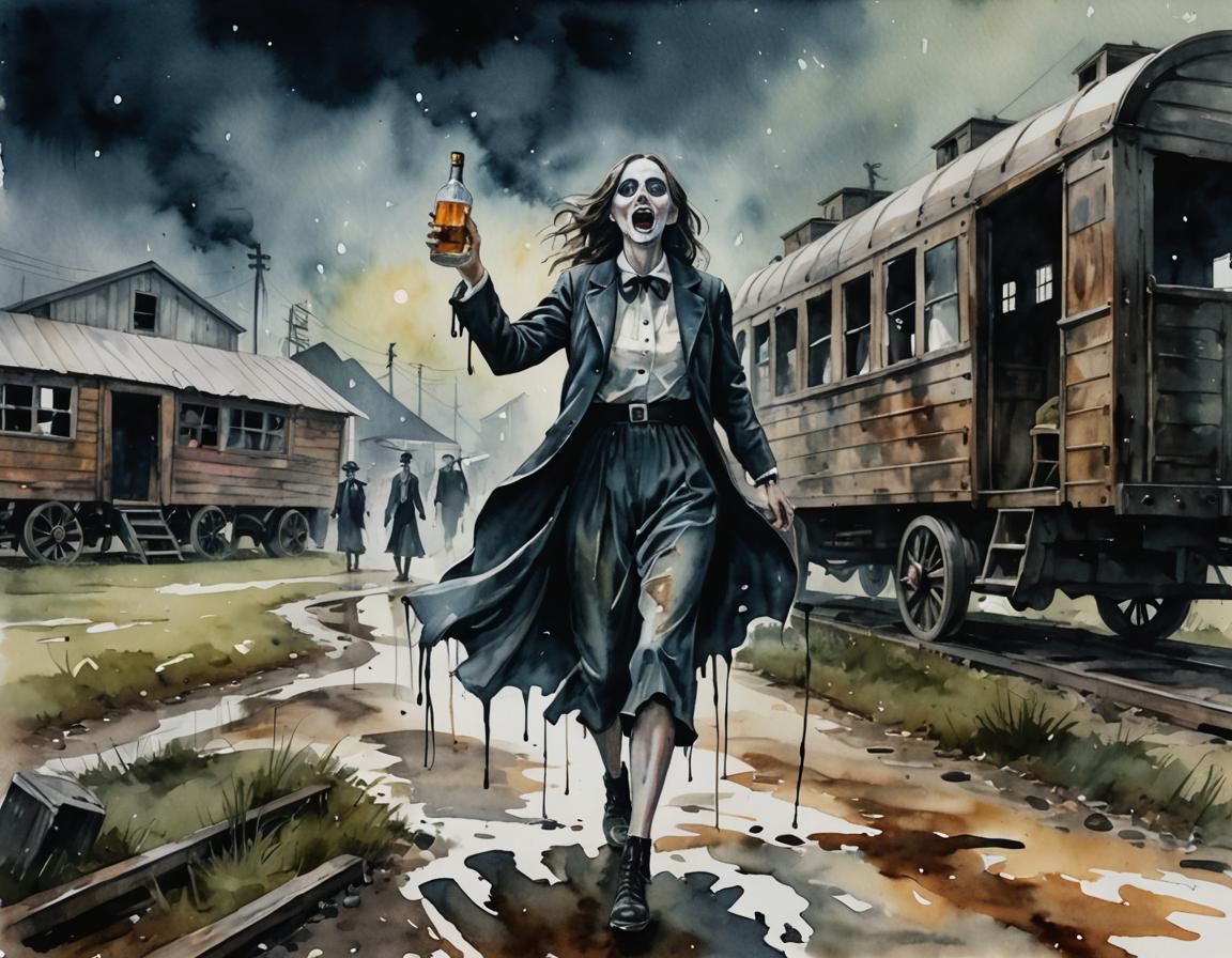 Woman Chased by Ghost in Watercolor Painting