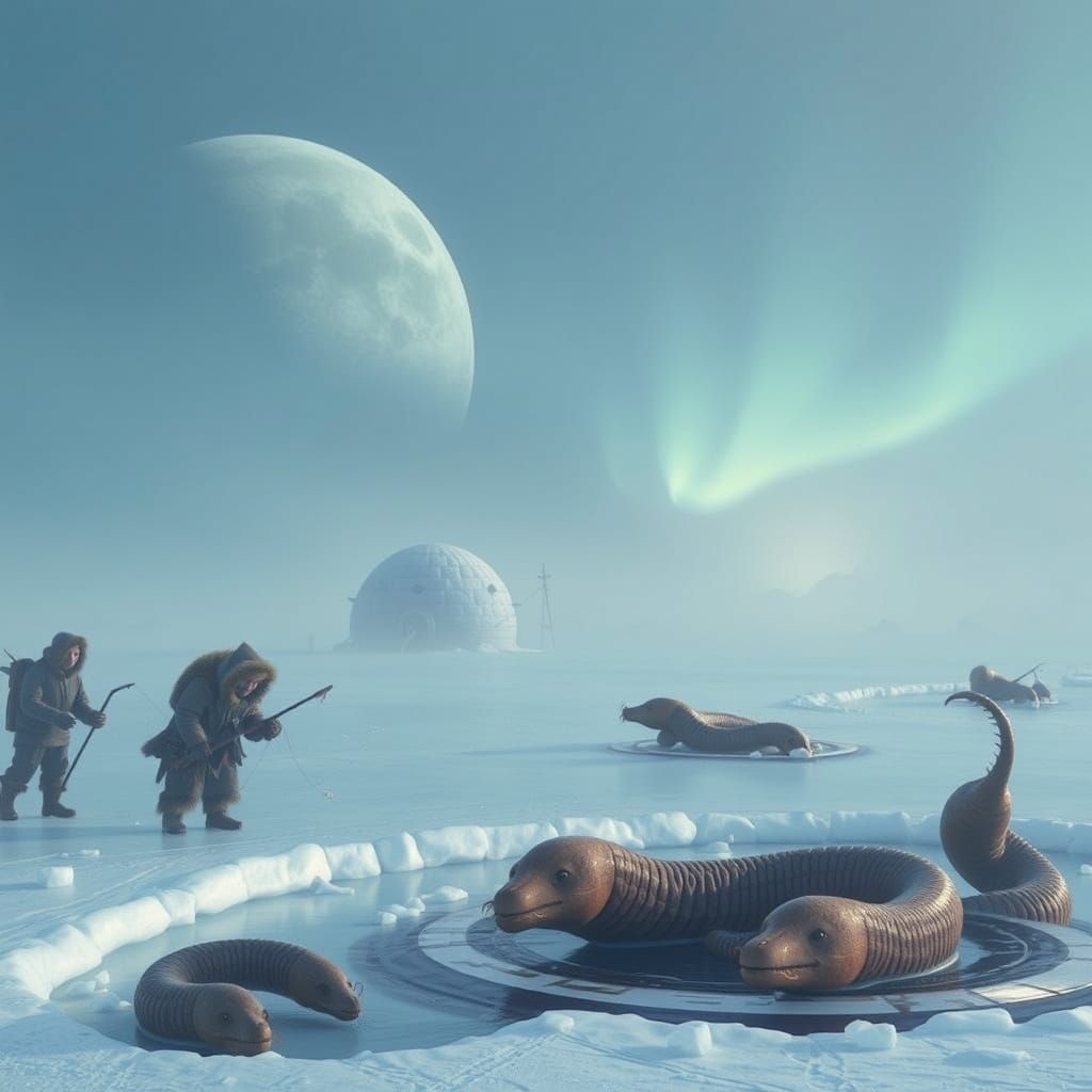 Frozen Frontier on Triton: Inuit Hunters in a Mystical, Blue...