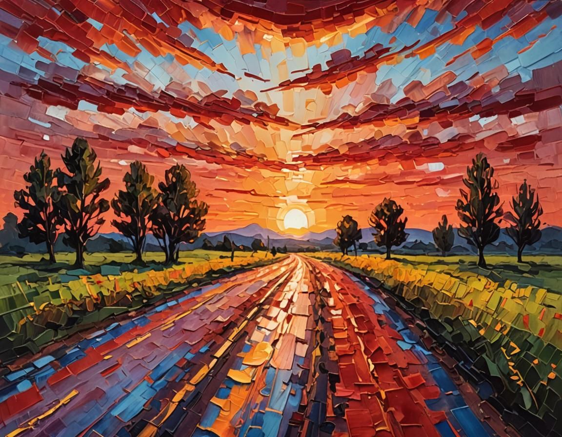 Gouache Impasto Roads to Sunset Horizon