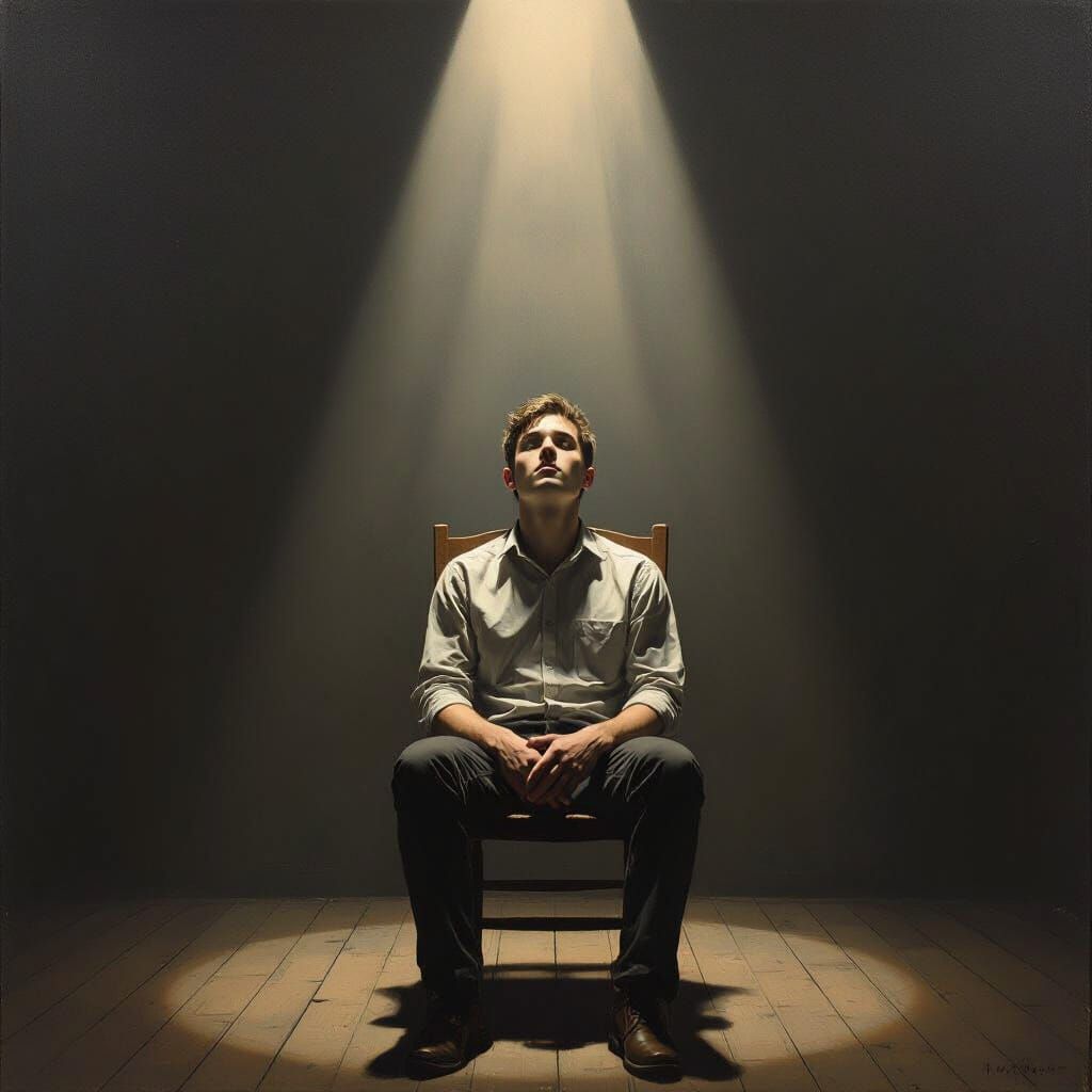 Faceless Man Gazes Upward in Gloomy Room Oil Painting