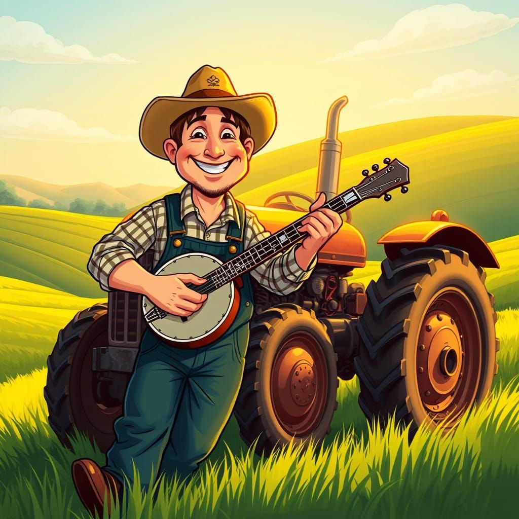 Rustic Cartoon Farmer Plays Banjo in Golden Light