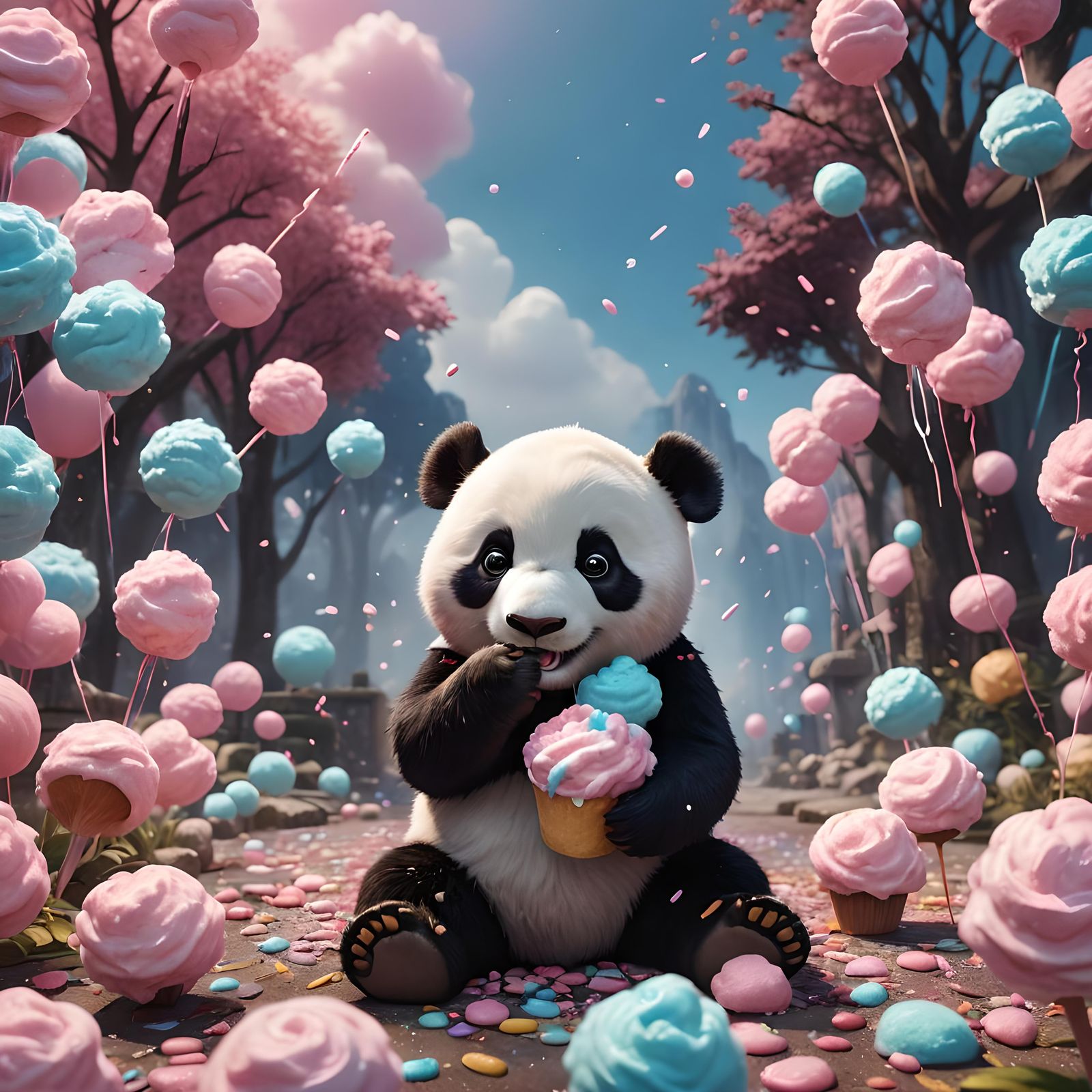 Cute Panda Enjoys Cotton Candy: Detailed Digital Art