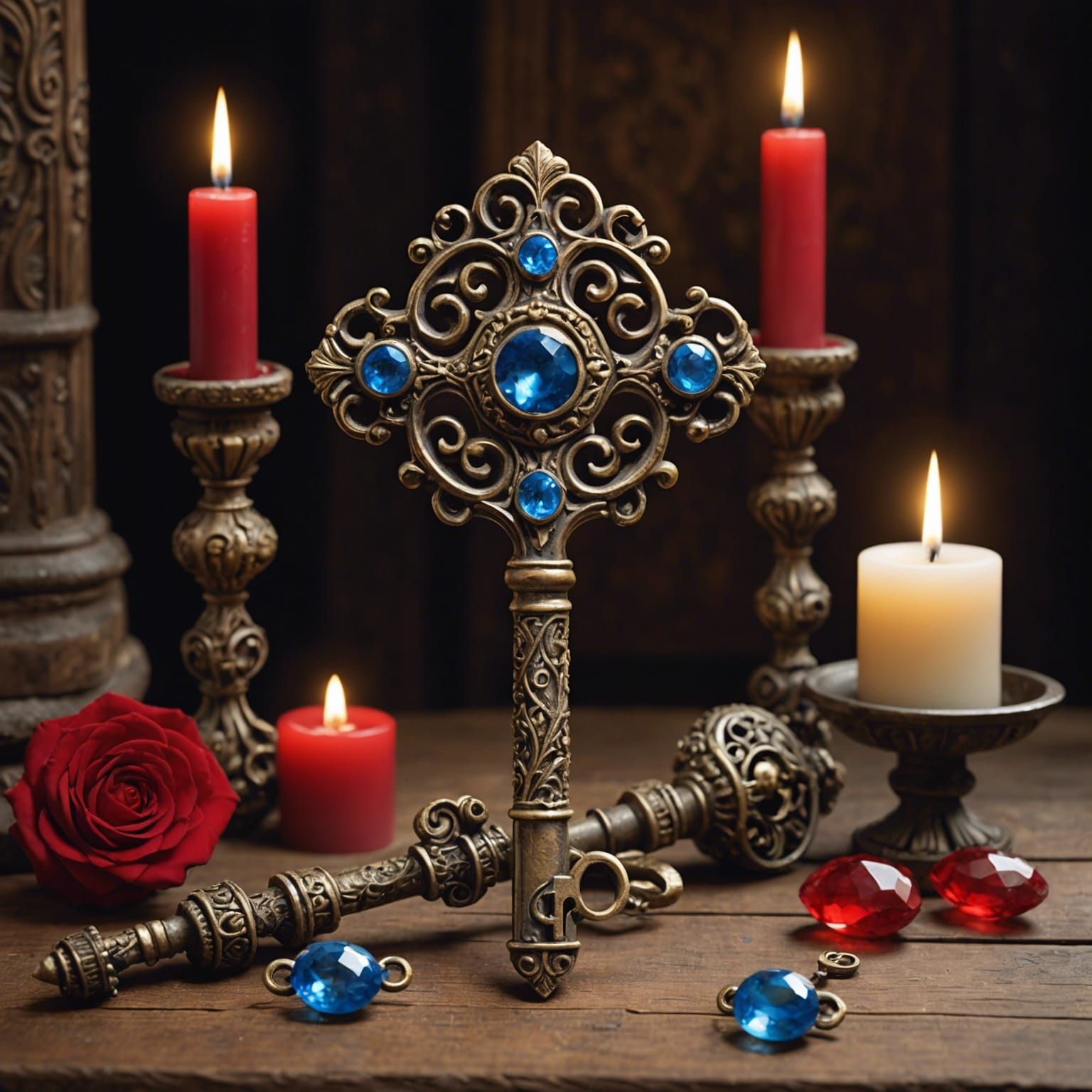 Ornate Key with Gemstones and Candles