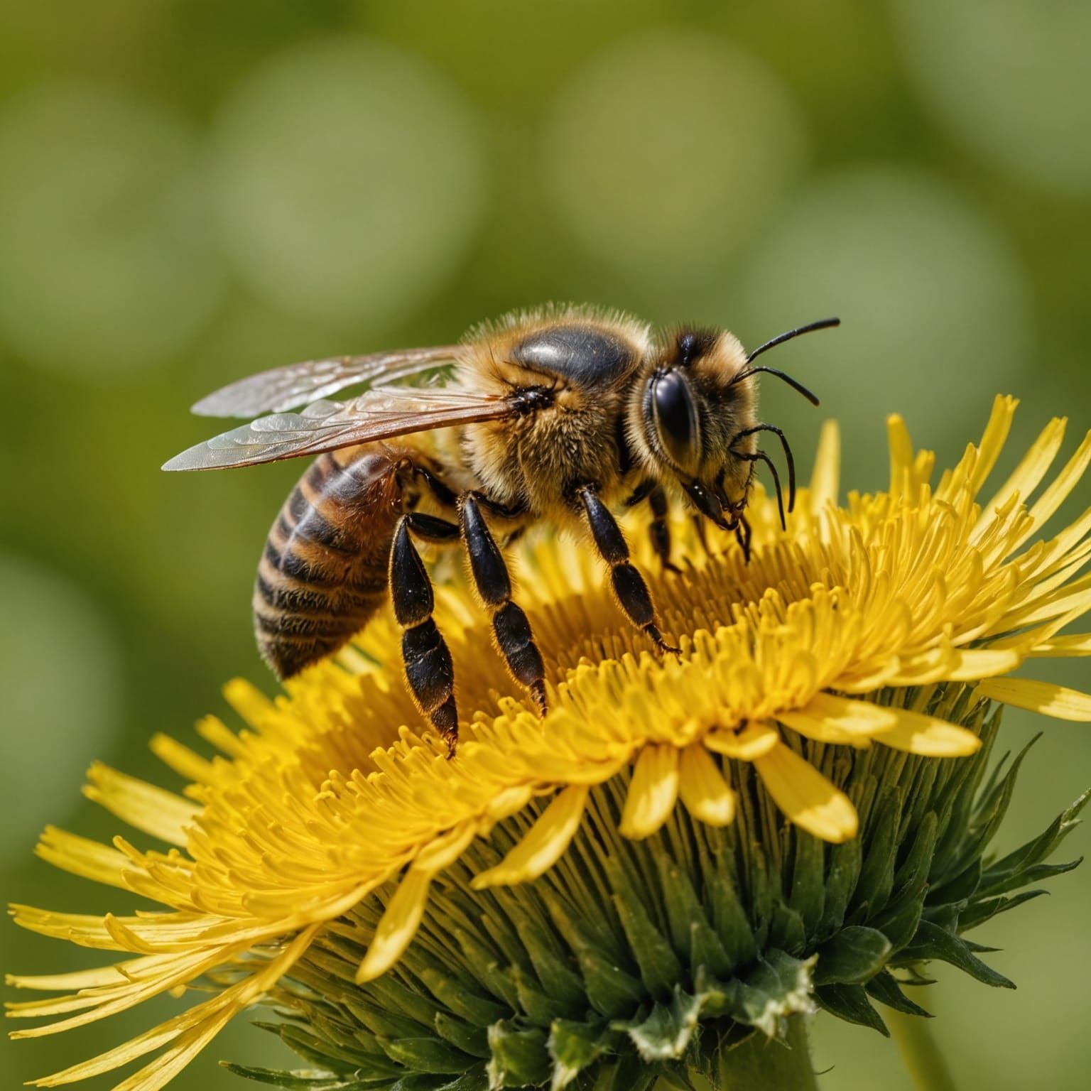 Bee on a Vibrant Dandelion in a Field of Sunshine