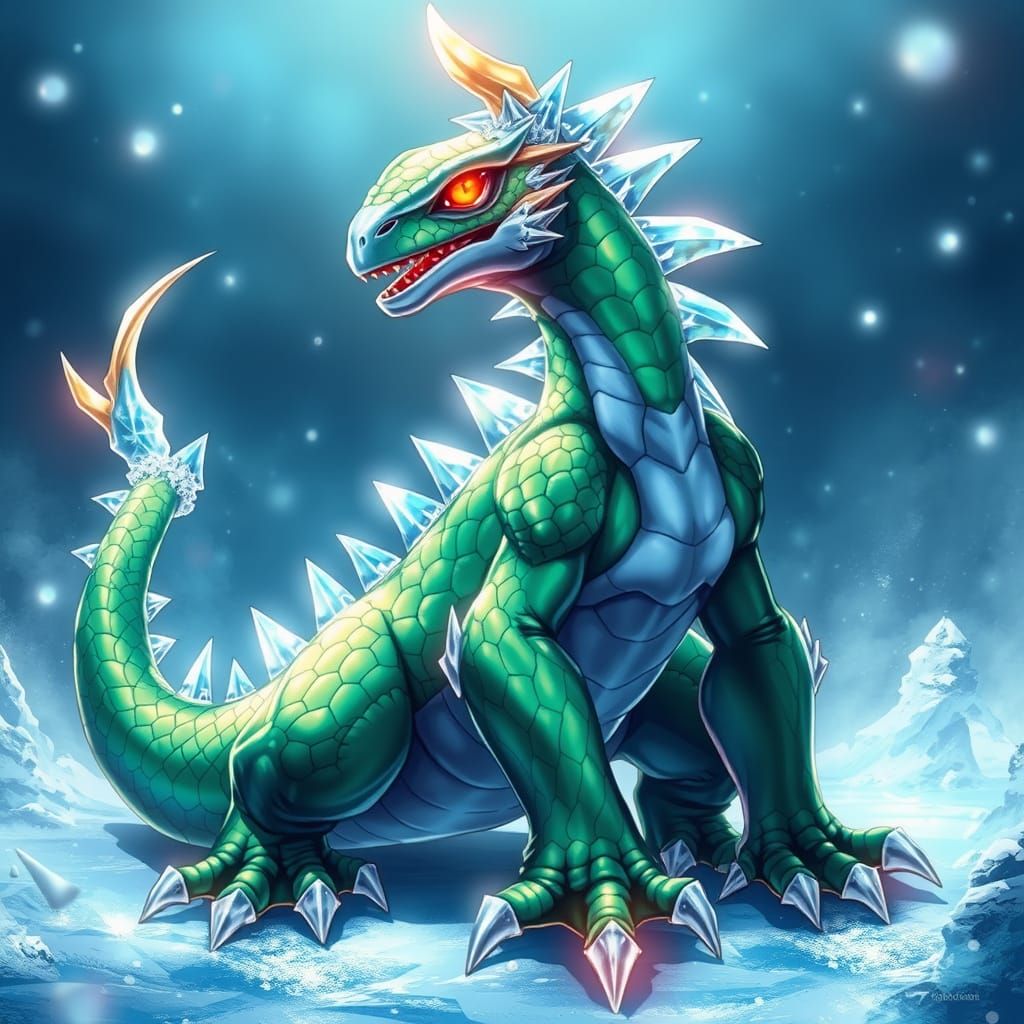 Majestic Emerald-Sapphire Lizard Digimon in Frosty Cinematic...