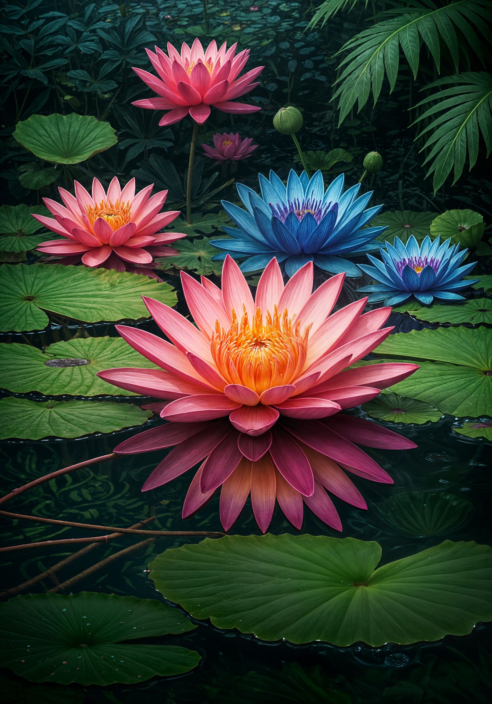 Surreal Lotus Blooms in Pristine Water, Reflected in a Vibra...
