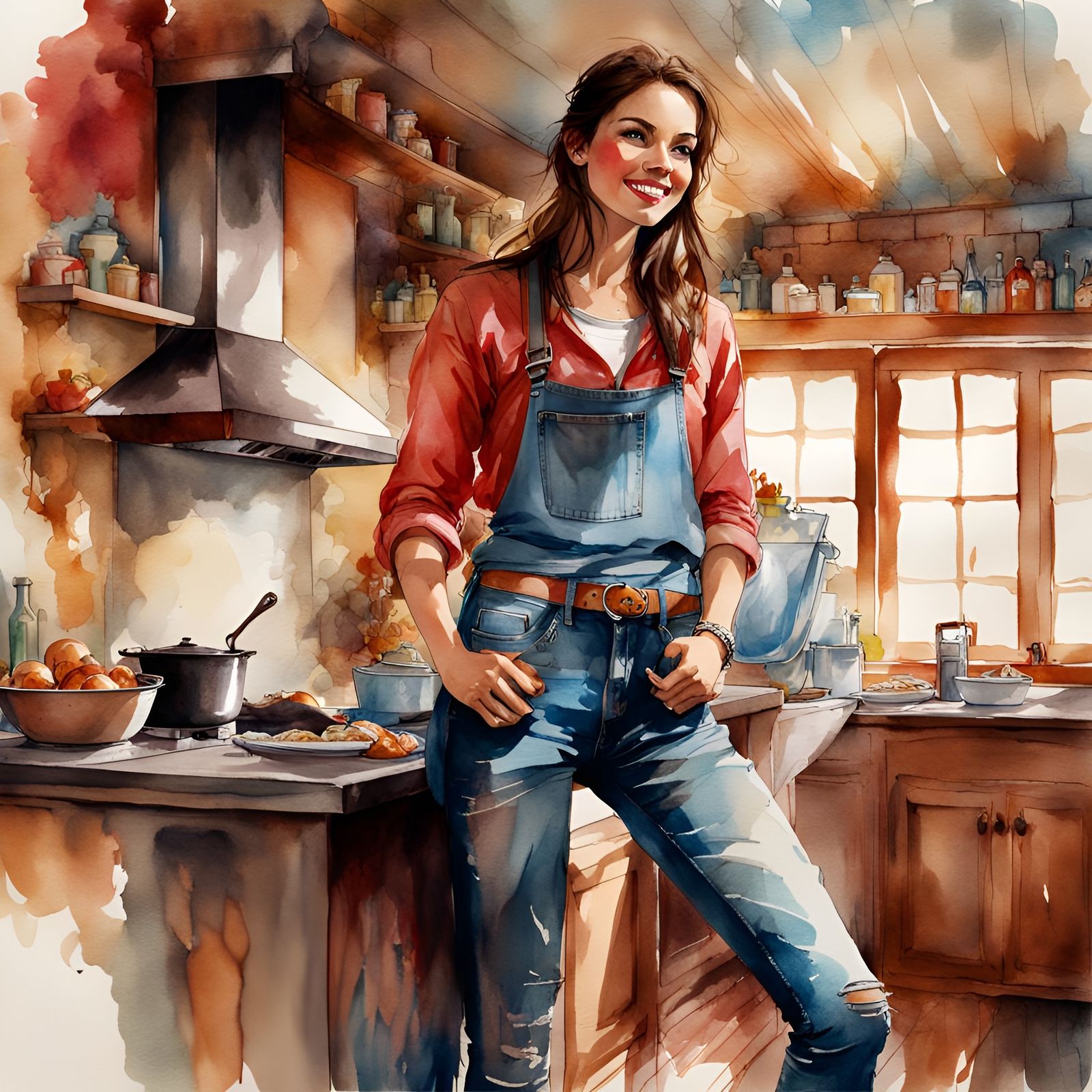 Watercolor Illustration of Woman Cooking Dinner