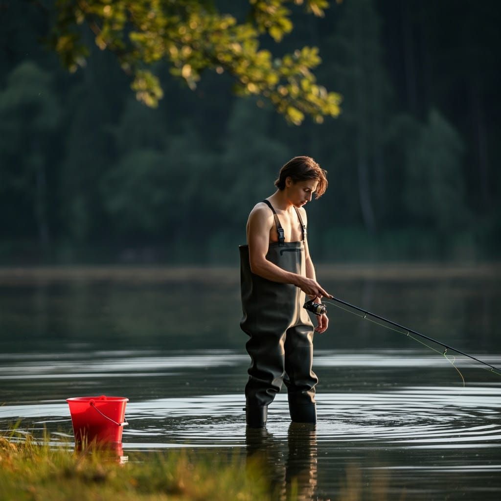 Toned Young Man Fishing in Serene Lake