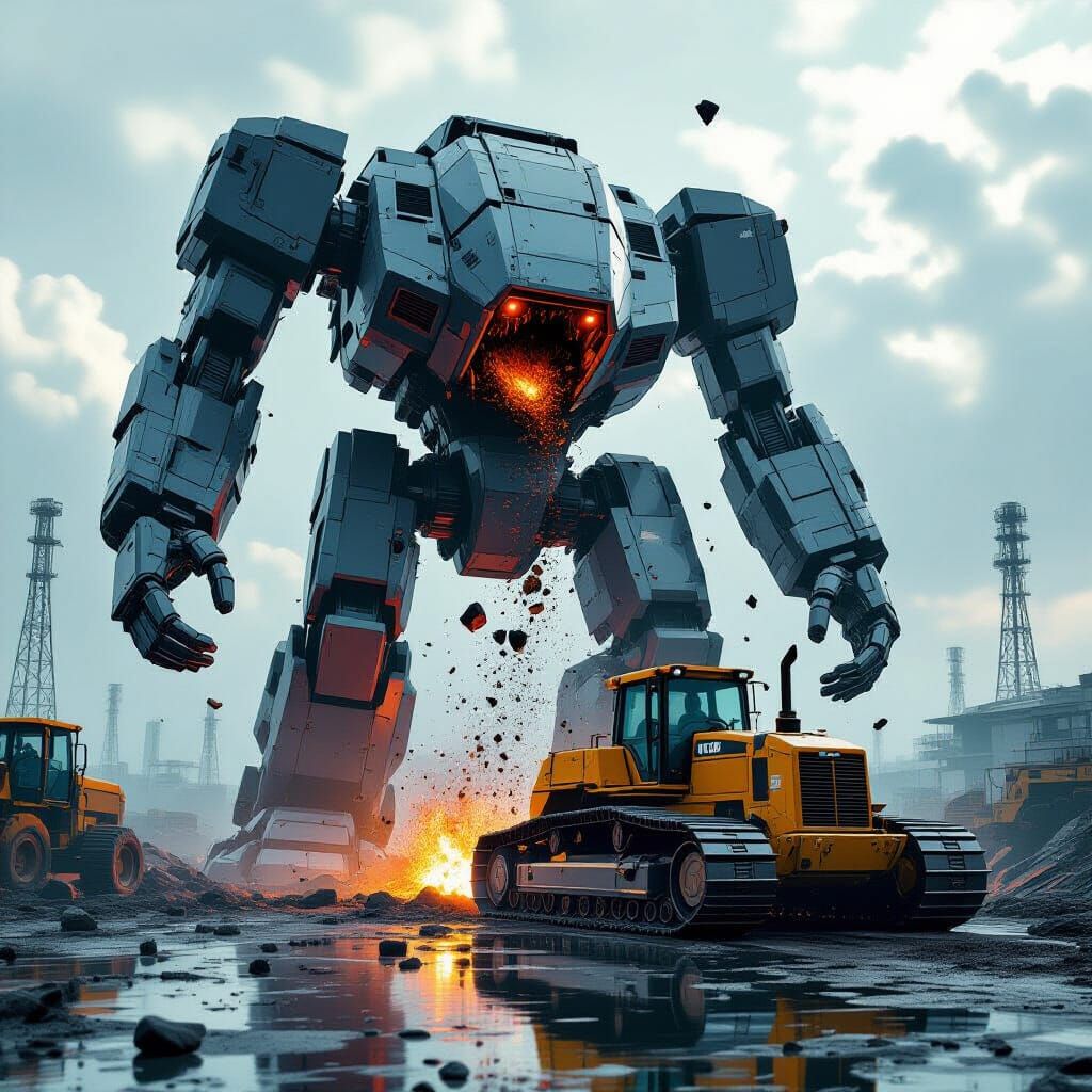 Gigantic Robot Devouring Bulldozer in Dystopian Future