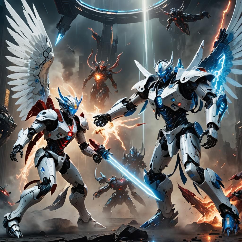 Angelic Robot vs Cybernetic Demon in Epic Battle