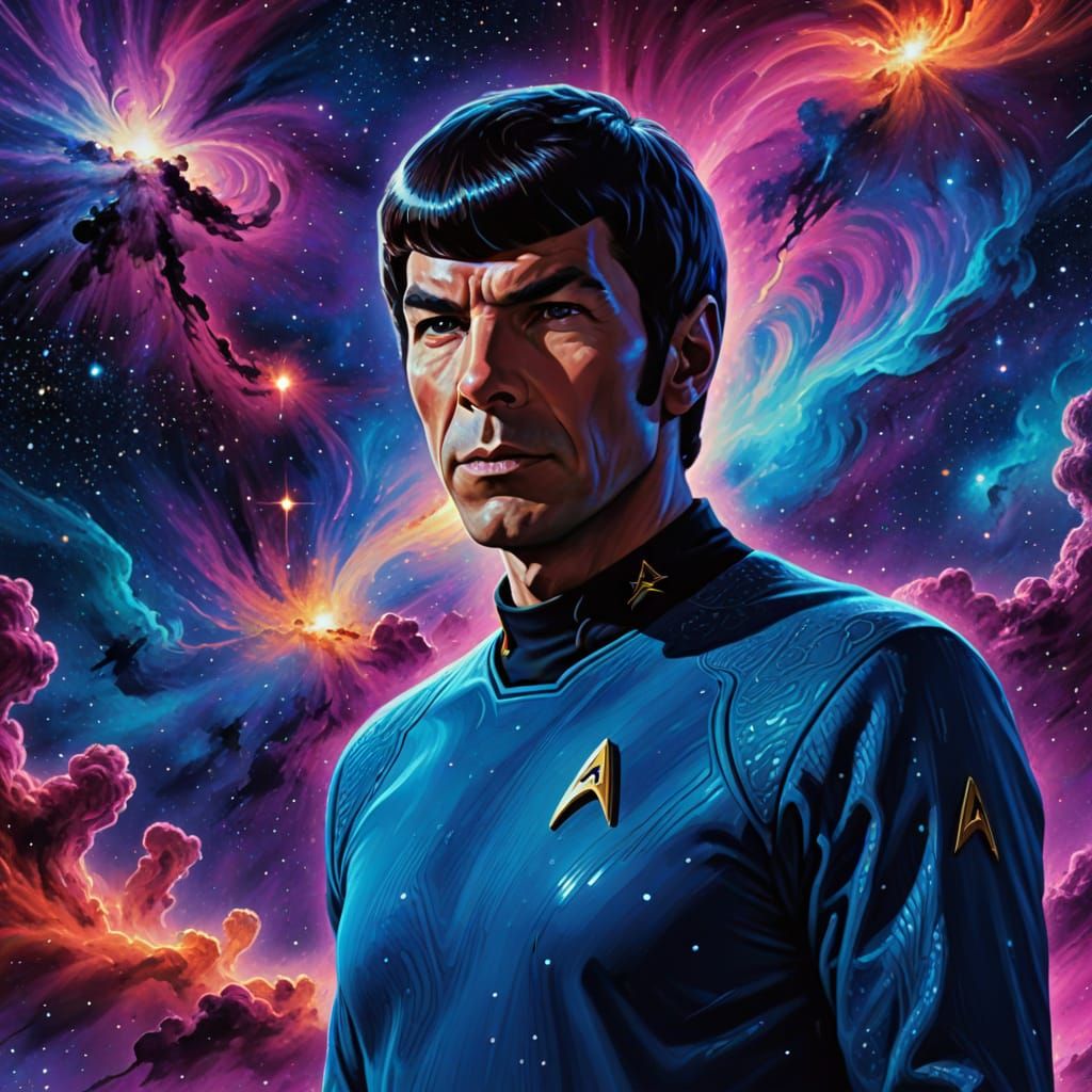 Spock Amidst Cosmic Nebula in Psychedelic Sci-Fi Art