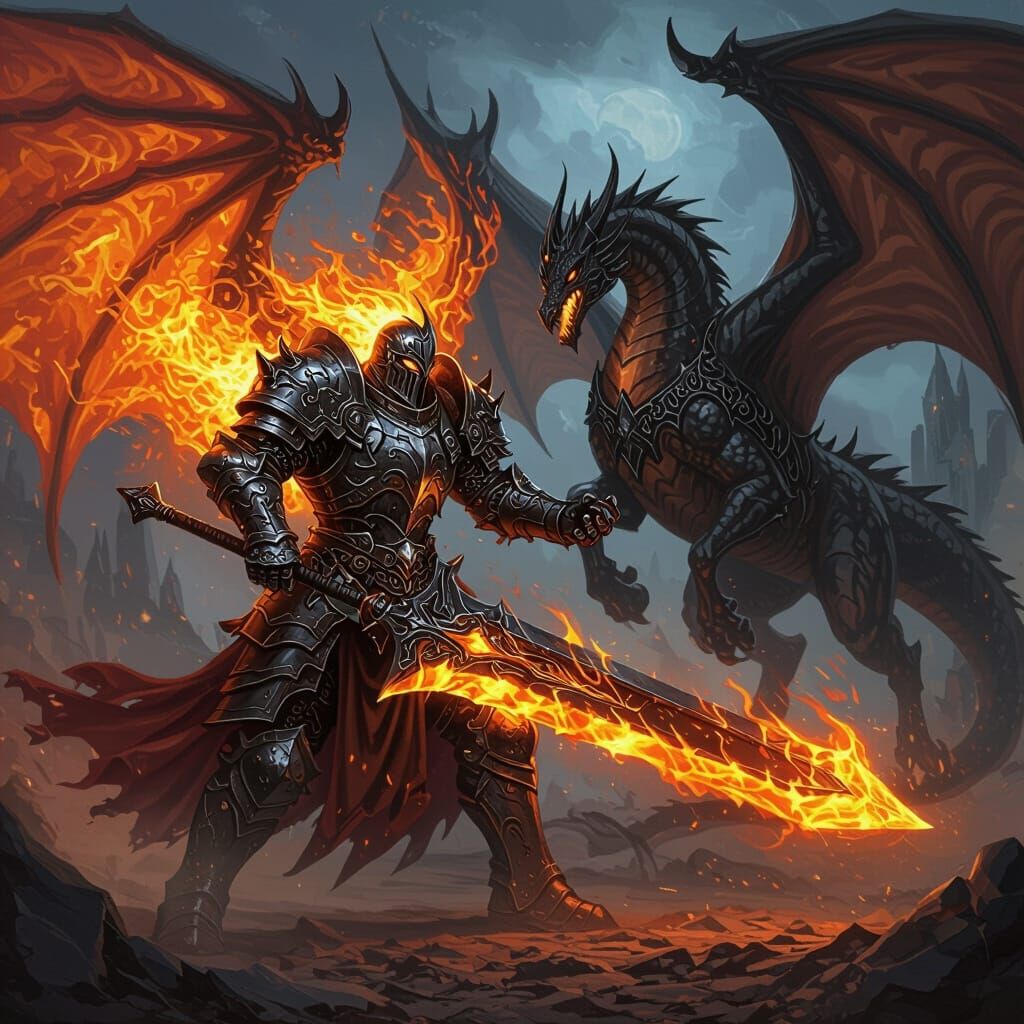 Fiery Deathknight Battles Dragon in Dark Fantasy Style