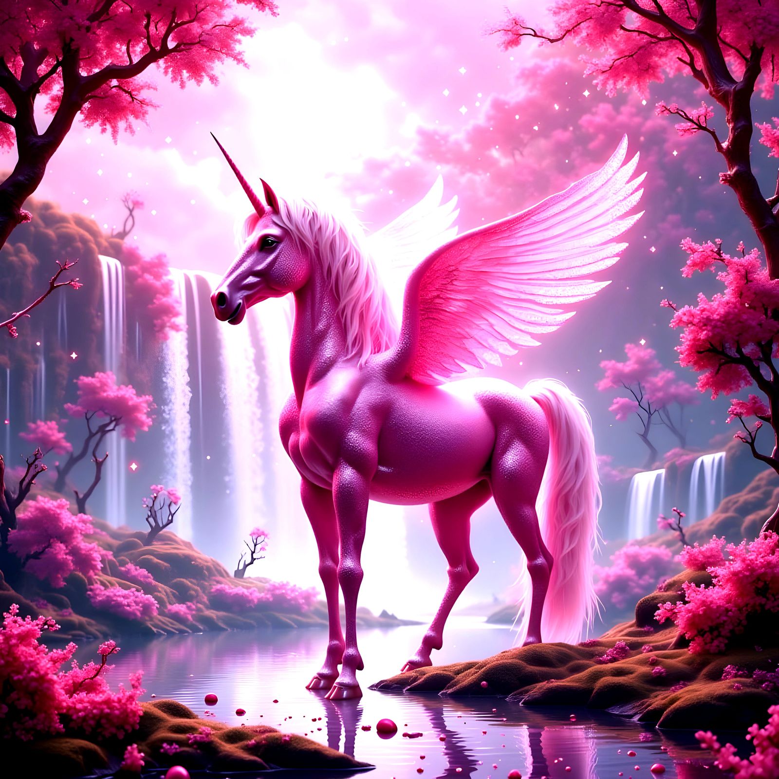 Pink Glitter Unicorn in Pink Waterfall Landscape