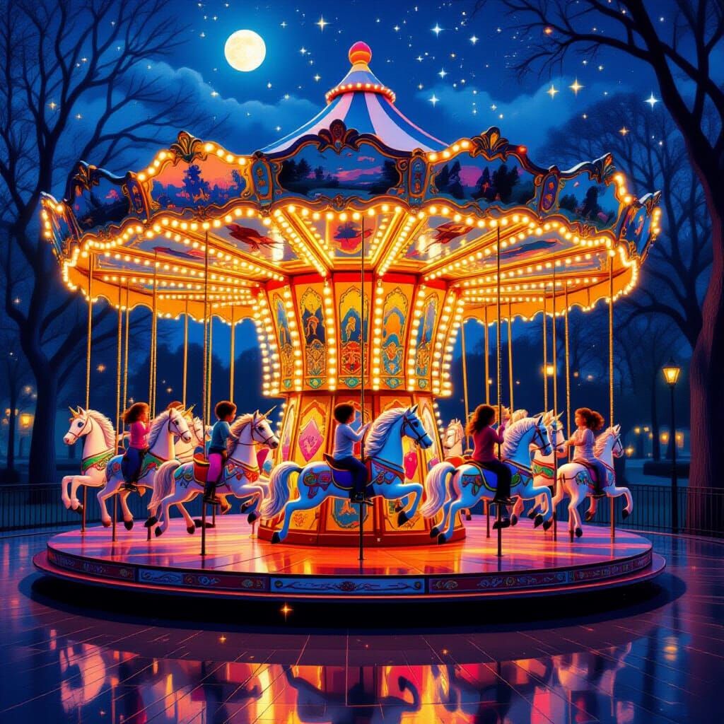 Whimsical Carousel in Moonlit Park with Magical Creatures