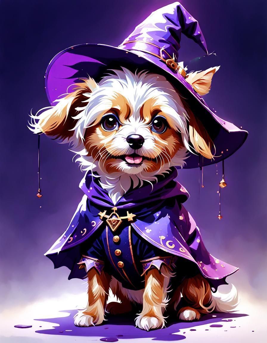 Affenpoo Dog in Violet Witch Costume, Digital Art
