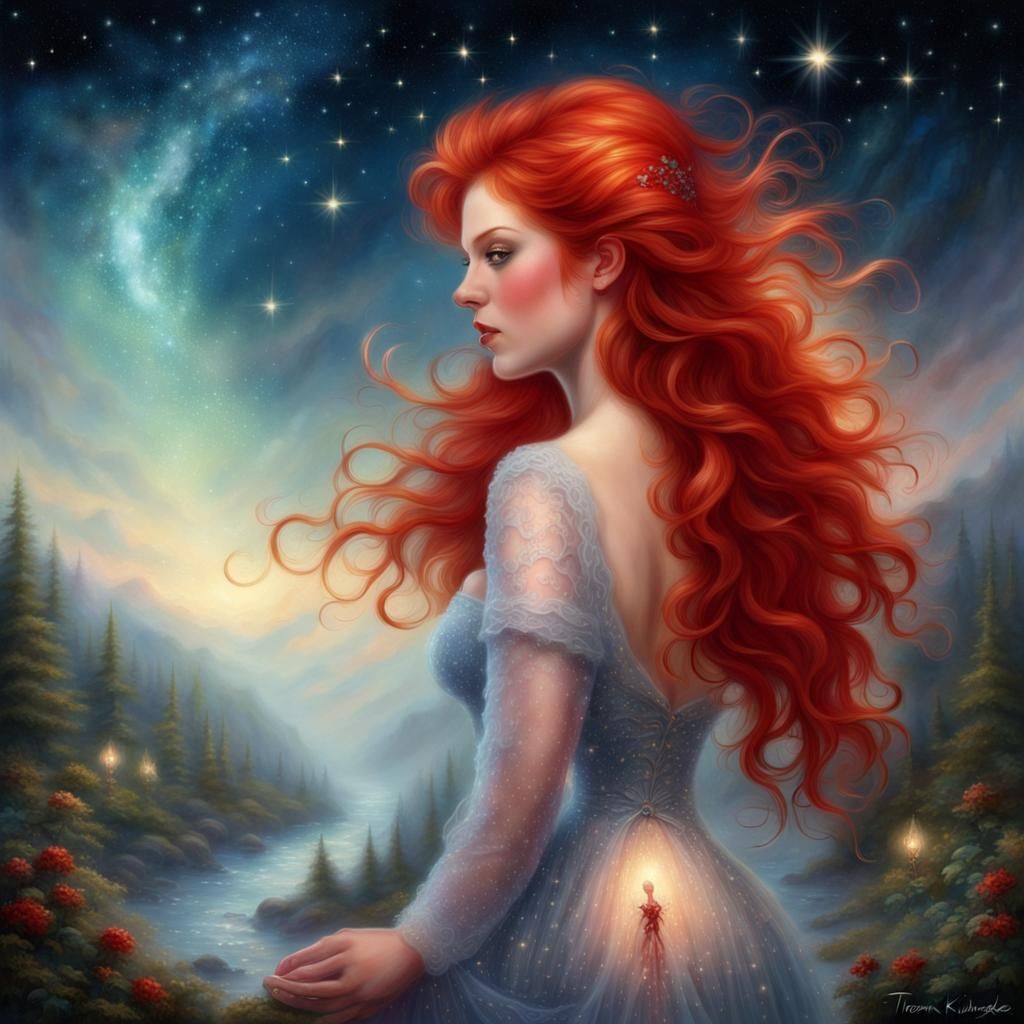 Ethereal Redhead Fusion in Starry Fantasy Landscape