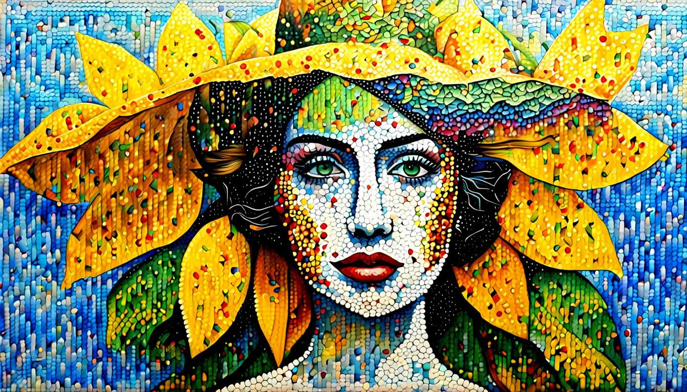 Lady in Sunflower Hat: Pointillism Cubism Acrylic