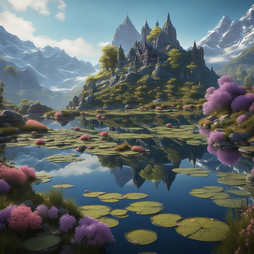 Water Lilies on Mountain Lake: Detailed Matte Painting