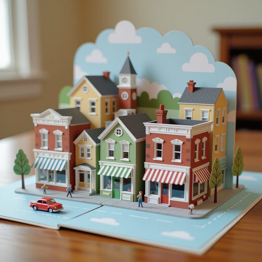 Whimsical Town in Pop-Up Book Style