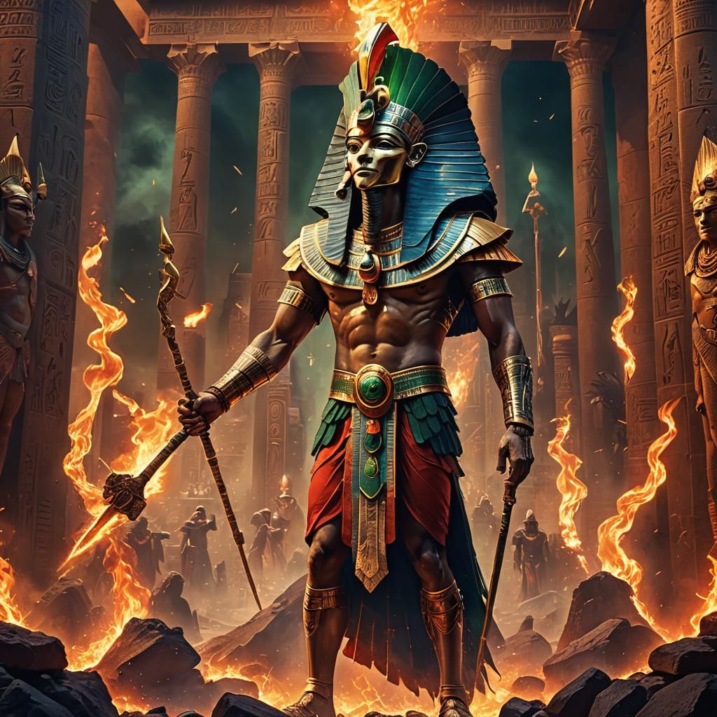 Egyptian God Horus in Fiery Landscape