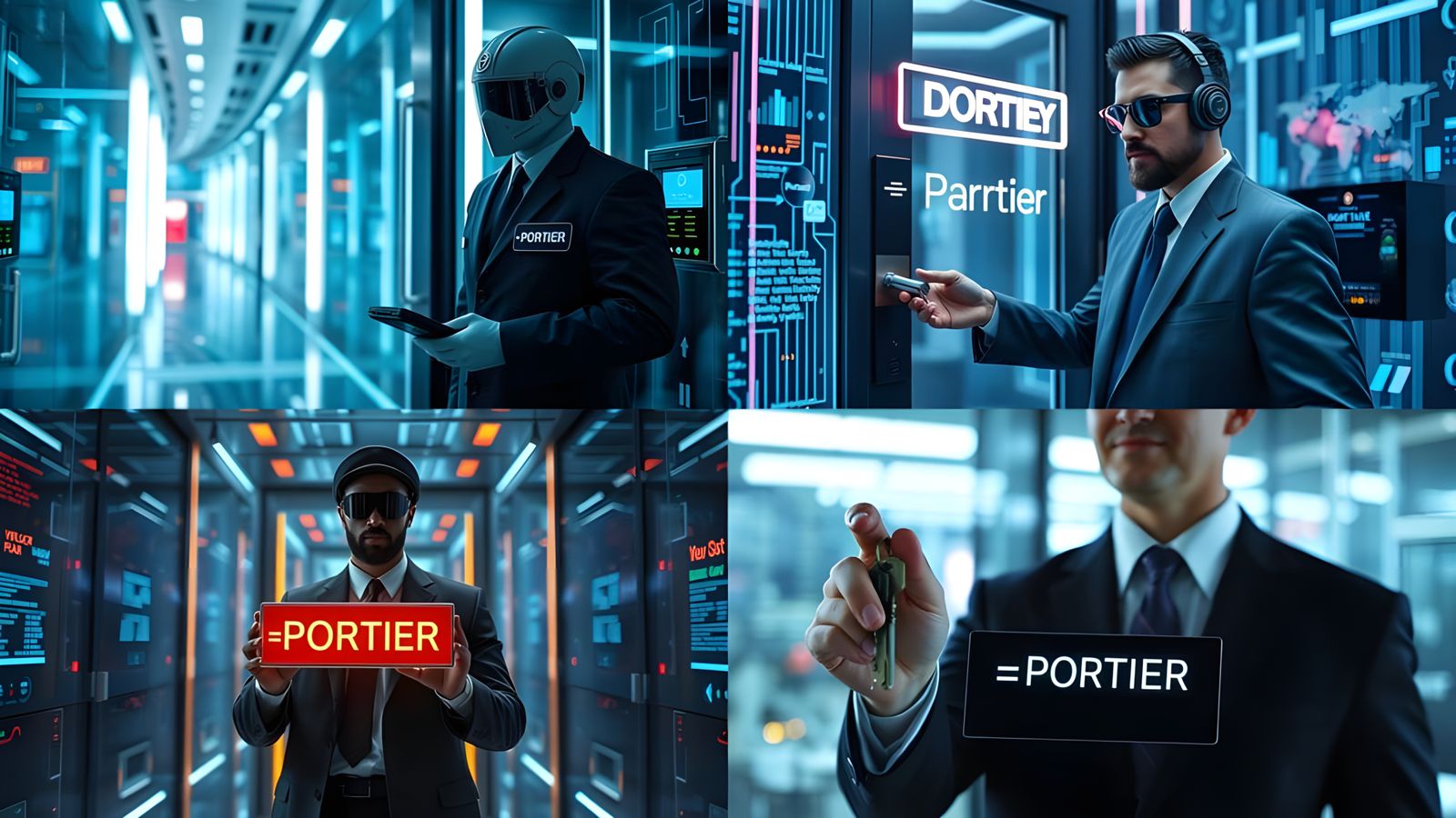 Digital Doorman in Cyberpunk Holographic Style