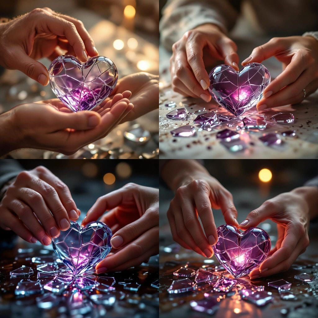 Hands Reassembling Shattered Glass Heart with Amethyst Glow