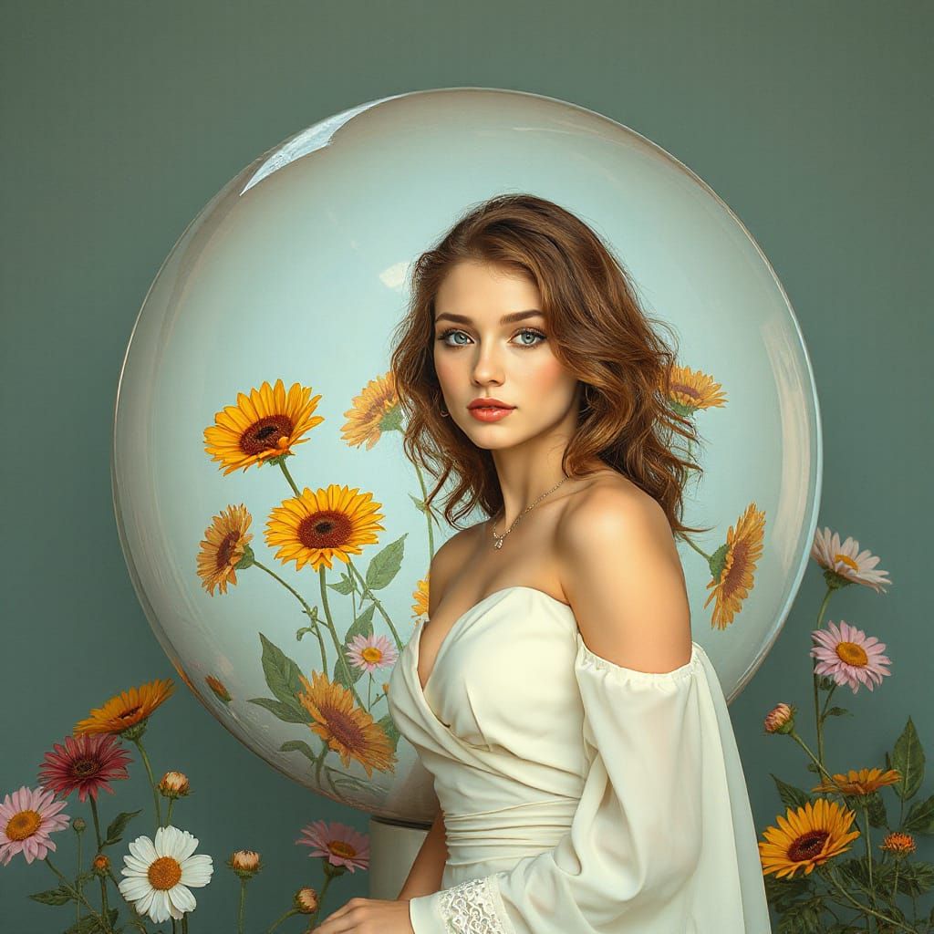 Chrome Sphere Reflecting a Woman in Art Nouveau Style